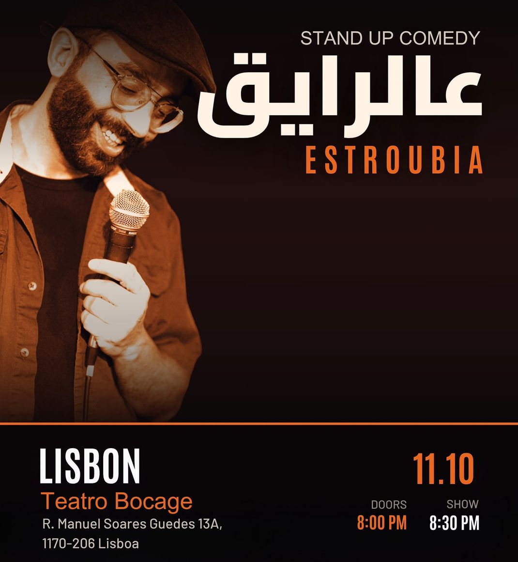 Official ESTROUBIA 3al Reyi2 artwork showing the comedian on stage with the Lisbon date and Teatro Bocage details
