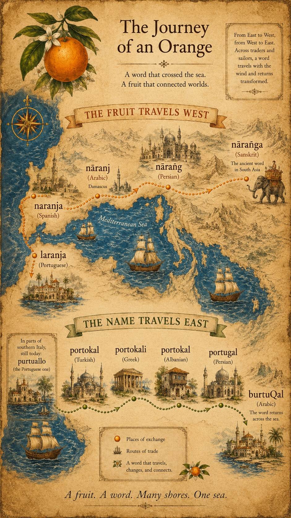 The Journey of an Orange — illustrated map of the fruit and word travelling between Asia, the Arab world, the Mediterranean and Iberia