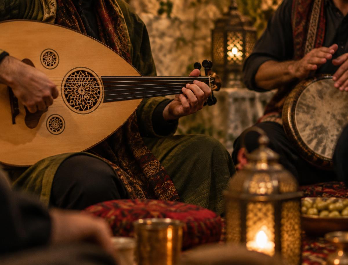 Musicians playing oud and percussion at a cultural gathering