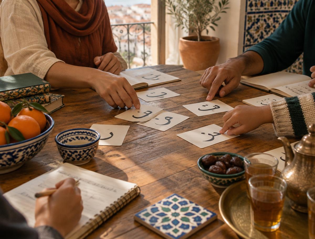 Arabic language learning materials shared around a table